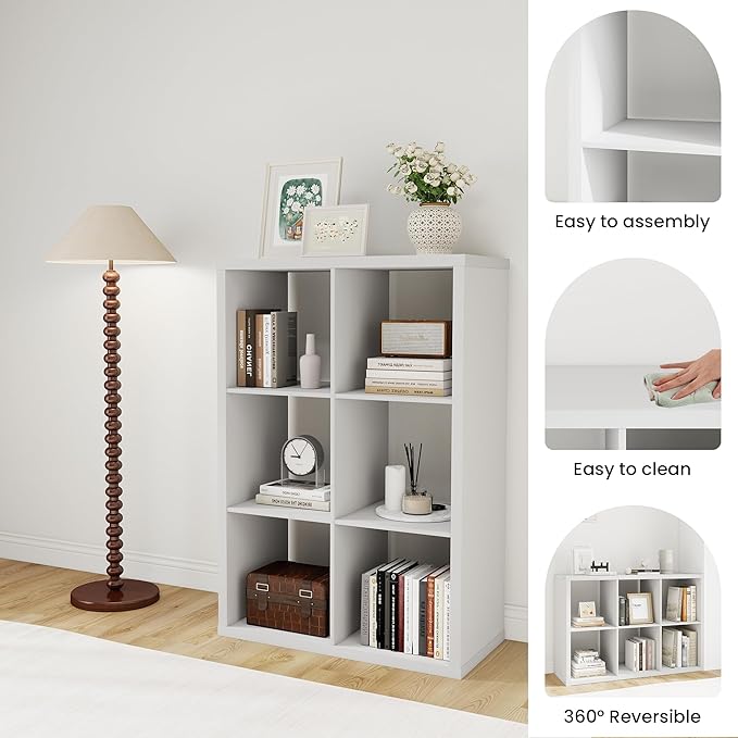 White Wooden 6 Cube Storage Organizer, White Tall Kid Book Shelf with 6 Cubby Storage Space, Kids Toys Organizer with 6 Cube Shelf for Playroom, Bedroom, Living Room, 14.6 × 43.8 × 30.7