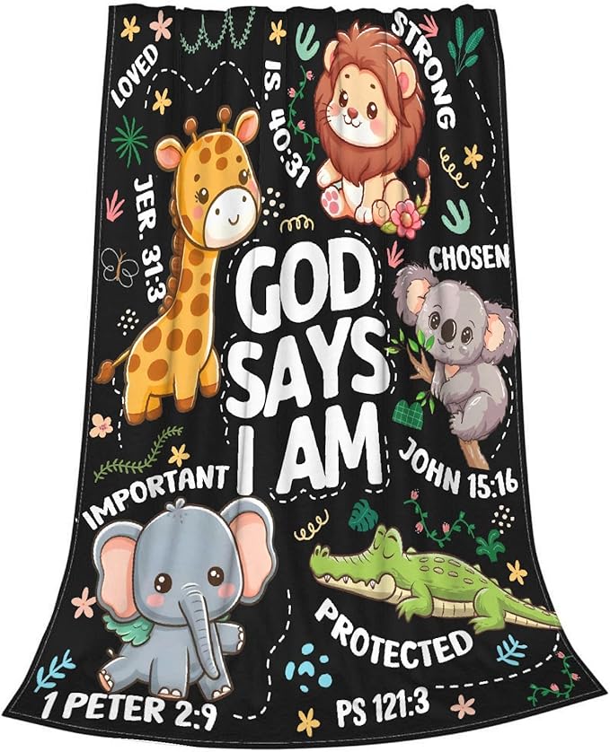 Bible Verse Blanket, Christian Gifts, God Says I am Blankets,Giraffe Lion Koala Elephant Print Animal Blankets, Cute Religious Baptism Gift for Son,Animals Lover Room Bed Decoration, 50"x60"