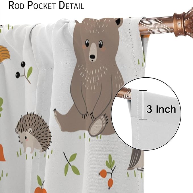 Forest Animal Curtains for Kids, Cartoon Safari Woodland Animals Window Treatments Cute Wild Jungle Bear Fox Deer Bear Window Drapes for Girls Boys Nursery Toddler Bedroom 42x45in