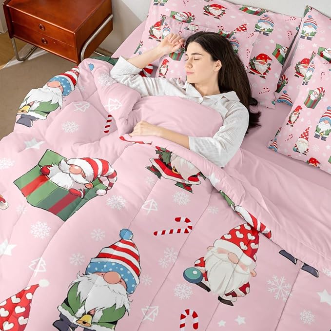 Feelyou Christmas Gnomes Queen Comforter Set with Sheets for Kids Boys Girls Cute Snowflakes Candy 7 Pieces Bedding Set Santa Claus Bed in a Bag Reversible Xmas Pink Decor Room Decor Soft Lightweight