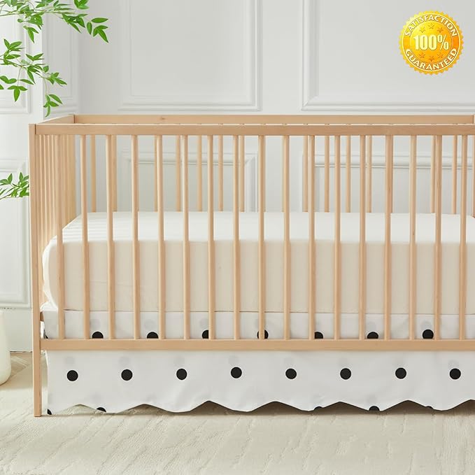 Brandream Scallop Edge Cotton Crib Skirt Toddler Bedskirt Baby Nursery Crib Bed Skirt Boho Bohemian Neutral Solid Color Cream Off White Farmhouse Chic Black Polka Dots Skirt