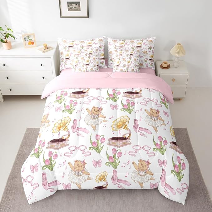 Pink Bowknot Princess Comforter King Size,Ballet Shoes Bear Dancer Cartoon 7 Pcs Bedding Set,Tulip Flower Music Note Record Decor,Bow Tie Romantic （Fitted+Sheet+2 Pillowcases+2 Throw Pillow Covers）