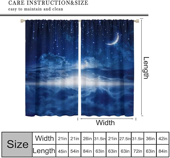 Star Night Sky Blackout Curtains, Moon Foggy Clouds Landscape Theme Print Window Drapes for Kids Girls Bedroom Living Room 42" W X 63" L