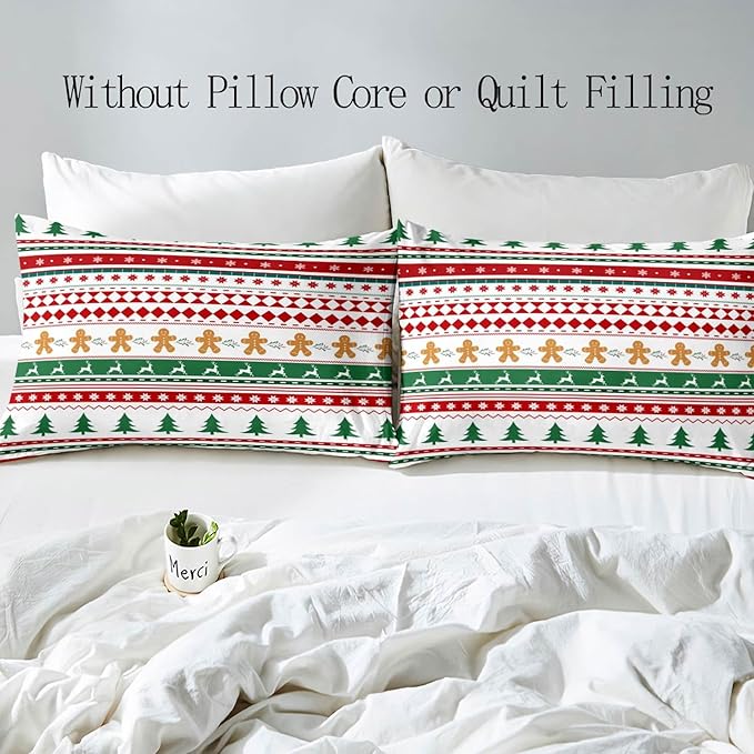LUVIVIHOME 3PCS Christmas Duvet Cover Full Bedding Set, Gingerbread Man Christmas Tree Snowflake Poinsettia Reindeer Winter Holiday Xmas Gifts Red Green White Striped Comforter Cover, 2 Pillow Shams