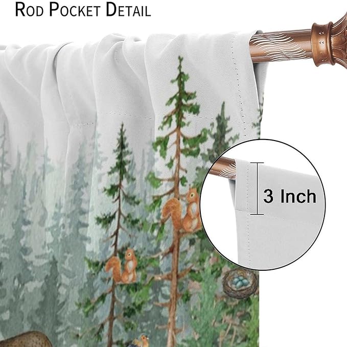 Woodland Animal Curtains, Watercolor Squirrel Hare Bear Bird Pattern Blackout Window Treatments, Rod Pocket Thermal Insulated Drapes 2 Panel Sets for Kids Bedroom Nursery Classroom, 52" W X 84" L