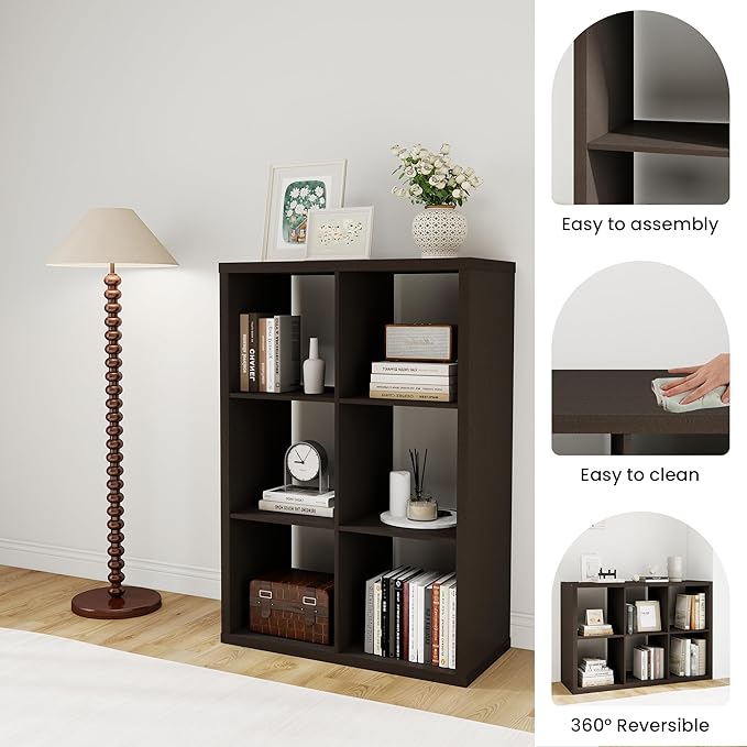 14.6 * 43.8 * 30.7 inches Engineered Wood 6 Cube Organizer, Black Cube Shelf with 6 Cube Storage, Cube Closet Organizer for Bedroom, Bathroom, Office, Dark Brown