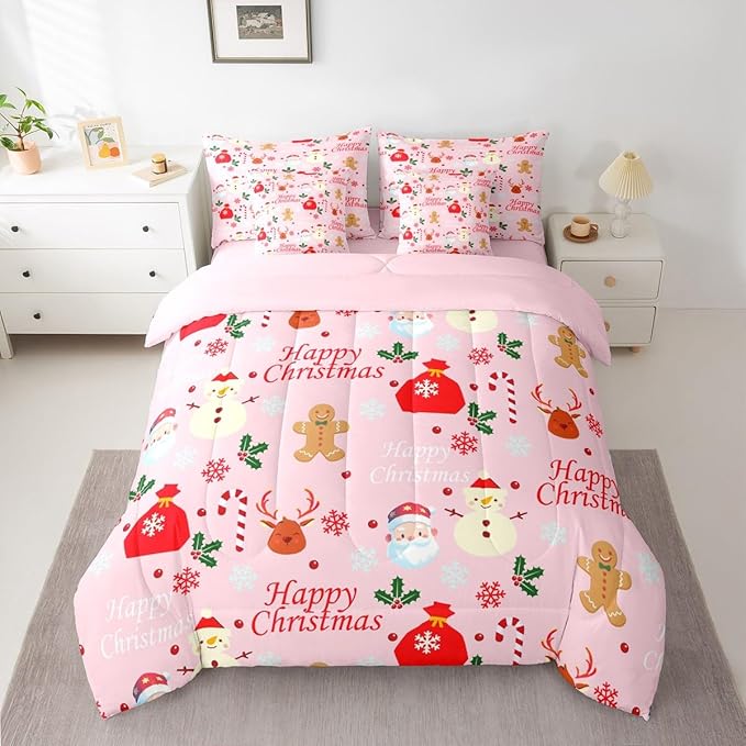 Christmas Deer Queen Comforter Set with Sheets for Kids Boys Girls Cute Gingerbread Man 7 Pieces Bedding Set Christmas Santa Claus Bed in a Bag Reversible Pink Decor Room Decor Soft Lightweight