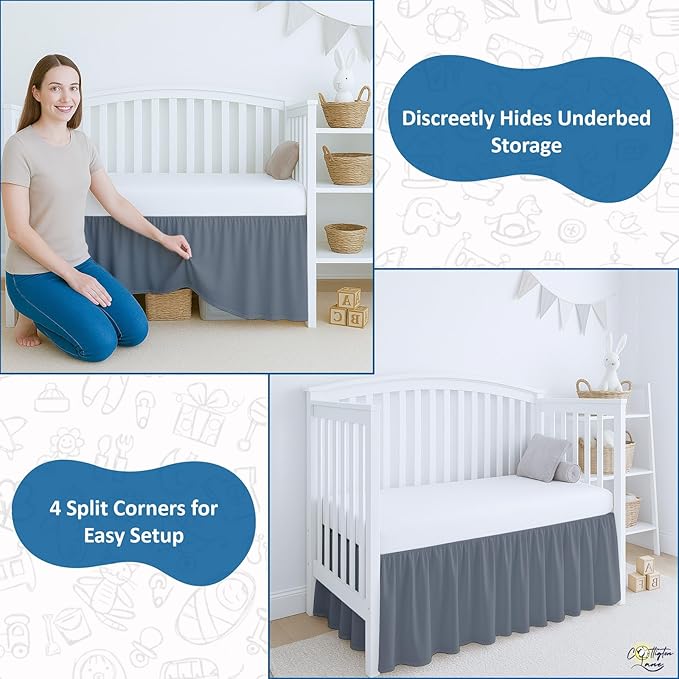 Cottington Lane Dark Grey Crib Skirt Dust Ruffle, 100% Natural Cotton, Soft, Durable Nursery Crib Toddler Bedding Skirt for Baby Girls or Boys, Fits Standard Cribs 28" x 52" with 14" Drop