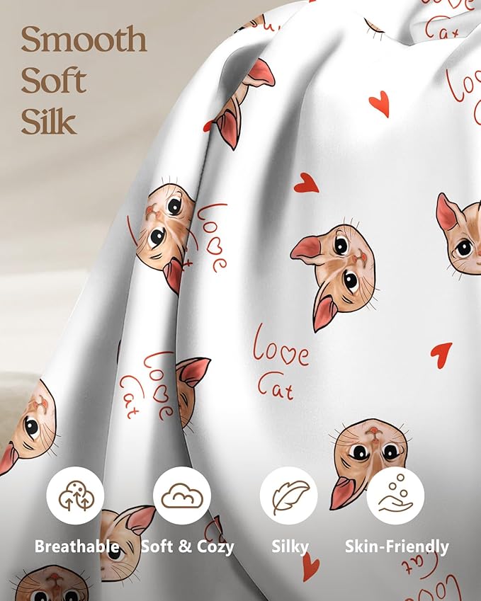 Silk Pillowcase 2 Pack - Cute Pillow Cases 20" x 26" Standard Size Set of 2 for Hair and Skin Smooth Soft Breathable with Hidden Zipper Cooling Pillow Covers for Sleeping, Love Cat