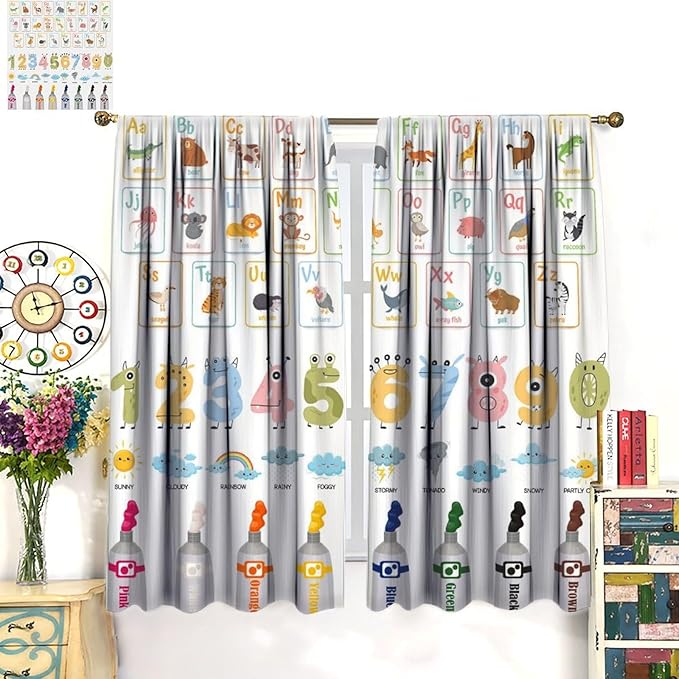 Alphabet Learning Curtain for Kids, Colorful Cartoon Animal Multiplication Table Educational, Classroom Child Printed Rod Pocket Blackout Window Drapes for Bedroom Living Room 63" W X 72" L