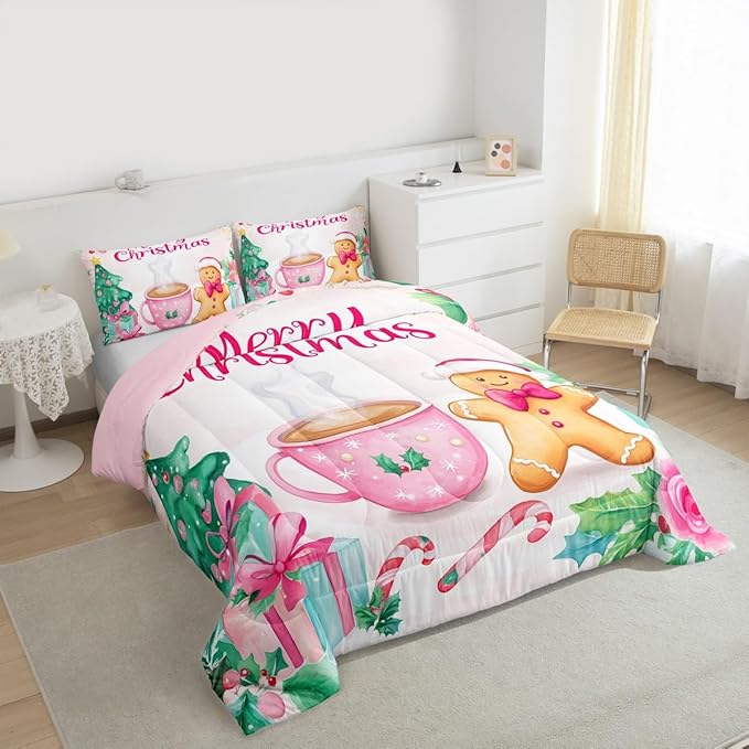 Feelyou Merry Christmas Bedding Set Soft for Boys Girls, Christmas Decor Comforter Set Twin Size Gingerbread Man Duvet Quilt Microfiber Xmas Bedroom Decor 2 Pcs with 1 Pillow Cases