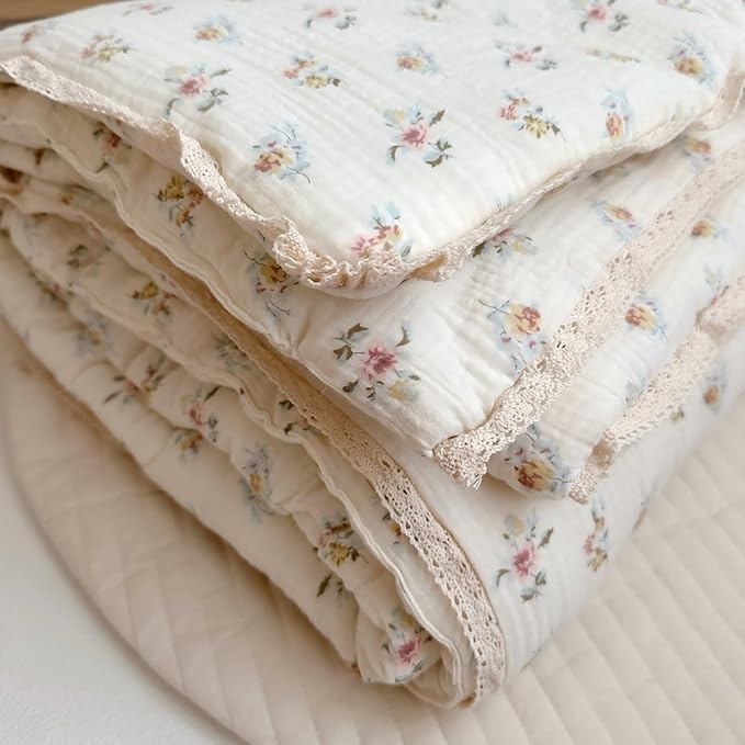 BuLuTu Muslin Nursery Blanket for Toddlers Girls Boys Baby Quilt Soft Cotton Toddler Blanket Crib Quilt for All Seasons, Lightweight Breathable, Washable, Azalea Pattern, 47x59 Inches