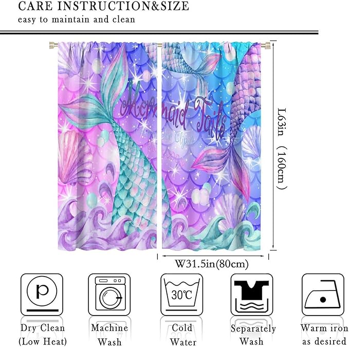 Dream Mermaid Curtain Colorful Mermaid Shell Ocean Theme Fantasy Blackout Curtains for Kids Boys Girls Bedroom Nursery Room Decor Rod Pocket Window Drapes 63x63in