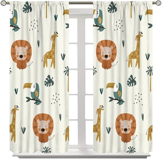 Cute Lion Window Curtains for Kids Bedroom,Cartoon Woodland Jungle Forest Wildlife Little Lion Giraffe Owl Palm Tree Printed Pattern Blackout Drapes for Living Room Baby Nursery Room 55x63in