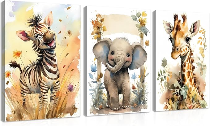 Woodland Animal Wall Art Set of 3, Wild Animals Nursery Picture Wall Decor Canvas, Cute Giraffe Elephant Zebra Watercolor Poster Print Artwork for Boys Girls Room Decoration – 12x16 inch