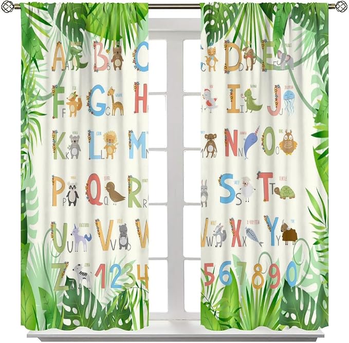 Kids Animal Alphabet Curtain Tropical Plant Alphabet Educational Printed Rod Pocket Blackout Window Drapes for Bedroom Living Room Nursery School 72" W X 63" L