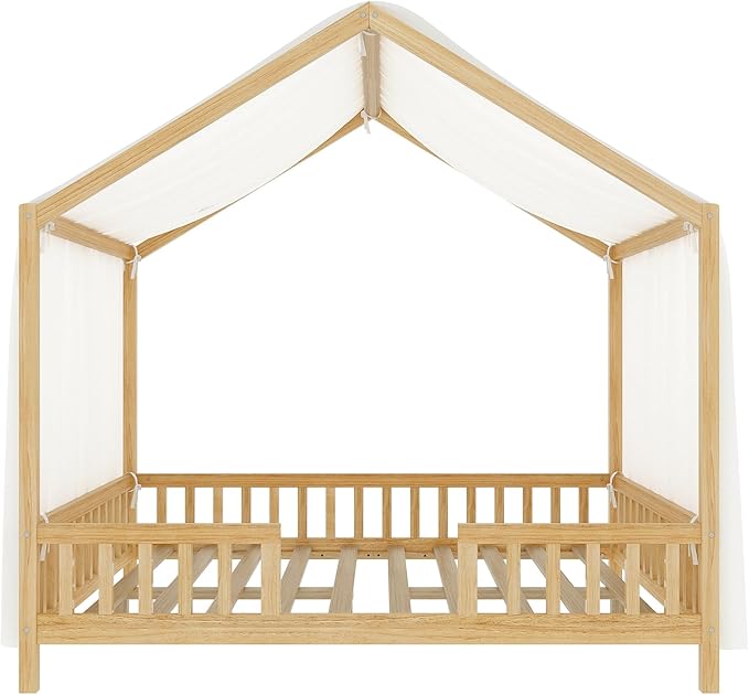 Bellemave Full House BedFrame with Canopy, Montessori Floor Bed, House Bed with Rails for Kids, Natural