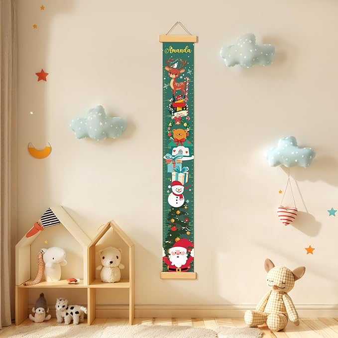 Canvas Height Chart Ruler Removable Hanging Wall Ruler Measurement Chart for Home Decoration, Waterproof Measuring Board, Foldable（Christmas Deer）