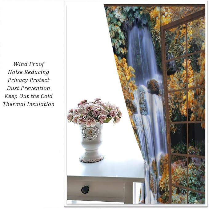 Waterfall Blackout Curtains, Waterfall Forest Landscape Wooden Window Print Pattern Window Drapes, for Bedroom Living Room 63" W X 72" L