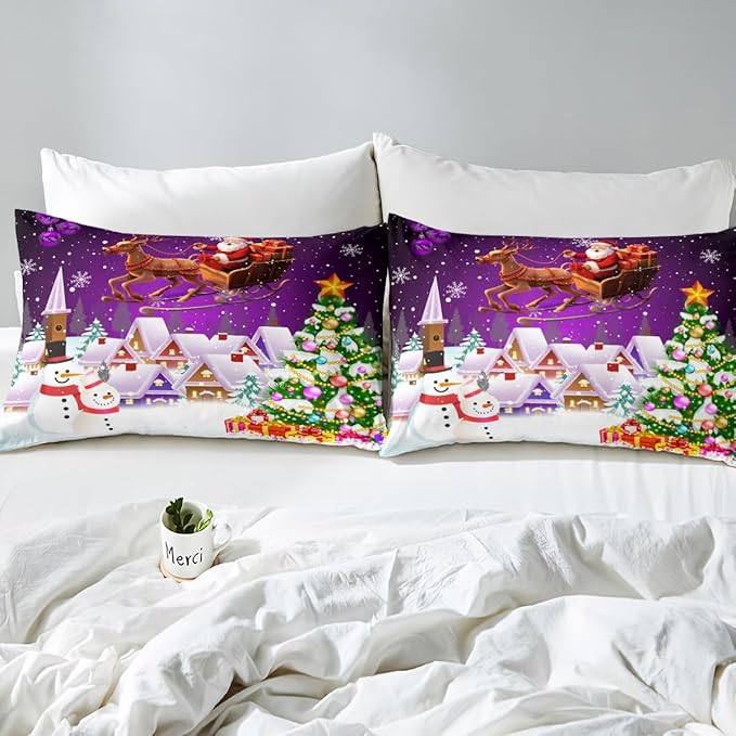 Manfei Xmas Duvet Cover Set King Size, Snowman Christmas Tree Bedding Set for Kids Boys Girls, Santa Claus with Reindeer Comforter Cover New Year Theme Quilt Cover with 2 Pillowcases, No Comforter