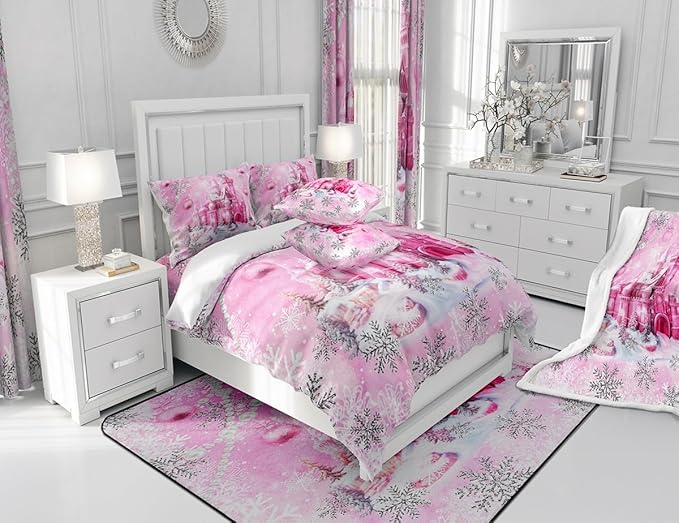Pink Castle Full Size Comforter Set,Cartoon Fairy Tale Theme Watercolor Bedding Comforters Bedroom Collection,Christmas Winter Silver Snowflakes Bedding Set for Girls Teens