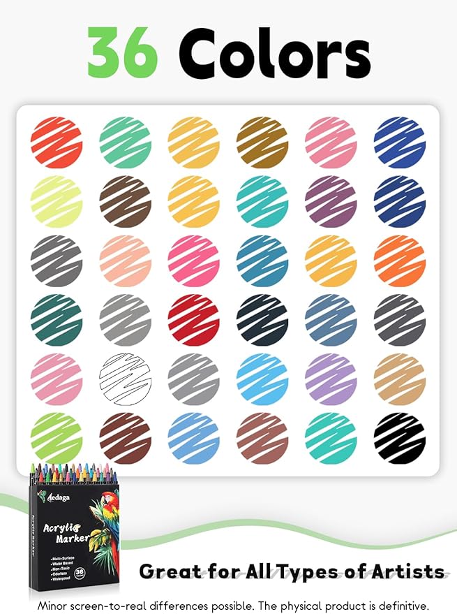 36 Colors Acrylic Paint Pens,Acrylic Paint Markers Dual Tip with Fine Tip and Dot Tip,Dot Marker for Kids Adults, Glass, Stone, Wood, Canvas, Paper, Pottery