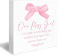 Coquette Bow Our Girl Nursery Wood Box Sign - Baby Girl Nursery Desk Shelf Decor, Pink Coquette Room Decor, Pink Inspirational Wooden Block Plaque Box Sign for Girls Room Dorm Decorations