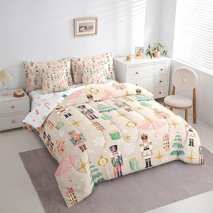 Erosebridal 7Pcs Beige Christmas Comforter Set Full Size,Princess Nutcracker Bedding Set,Xmas Tree Snow Bed in A Bag for Kids Boys Girls,Starry Sky Christmas Decoration Quilt with Flat Fitted Sheet