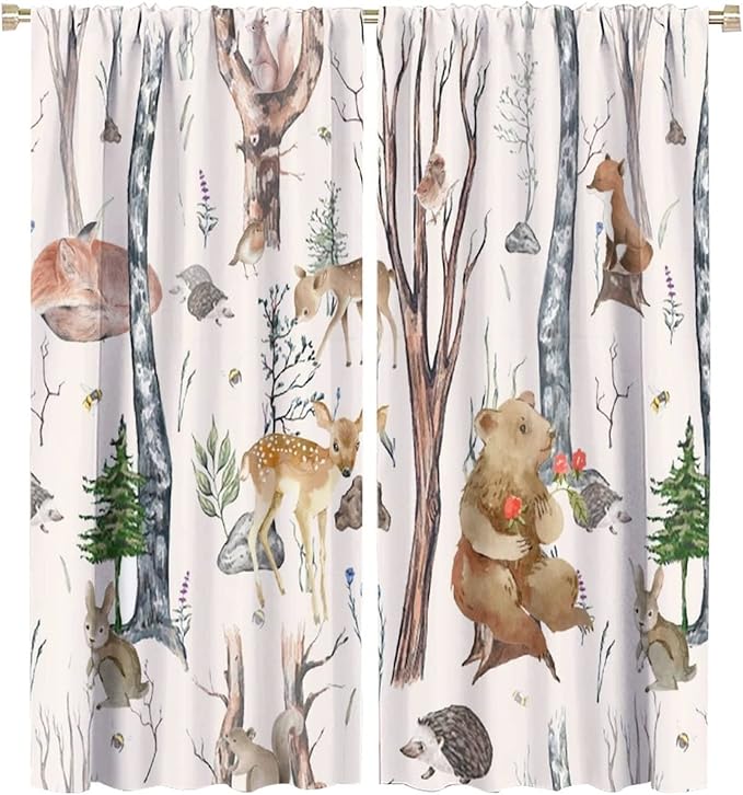 Rustic Forest Window Curtains Curtains, Woodland Animal Bear Deer Hedgehog Fox Squirrel Watercolor Blackout Rod Pocket Treatments Drapes for Boys Girls Bedroom 42x54in
