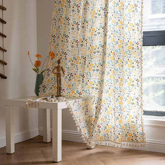 ENJOYBRIDAL Floral Curtains 96 Inch Length 2 Panels Tassel Boho Semi-Sheer Drapes Bedroom Living Room Farmhouse Rustic Country Yellow Green Flower Rod Pocket Cotton Linen Blend Window Curtain Panel