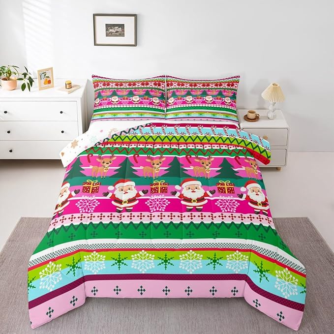 Feelyou Merry Christmas Comforter Set All Season Santa Claus Bedding Set with 2 Pillow Cases Cute Deer Microfiber Kids Full Bedclothes Snowflake Bedroom Decor Duvet Quilt Breathable Soft