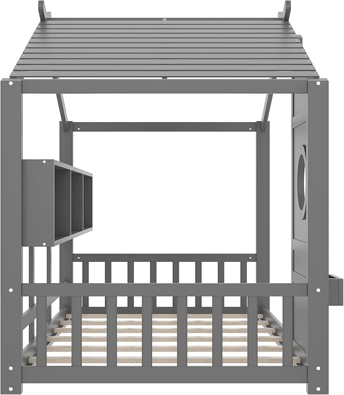 Twin Size Floor House Bed with Roof and Window for Kids, Wooden Playhouse Bed with Storage Shelves for Bedroom Furniture Girls & Boys (Gray/L2, Twin)