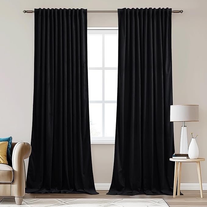 StangH Black Blackout Velvet Curtains for Sliding Door, Extra Wide Thermal Insulated Privacy Drapes Back Tab Heavy Window Panels for Home Theater Studio, W62 x L96, 2 Panels