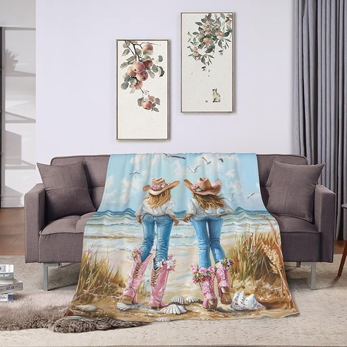 Coastal Cowgirl Blanket Cowgirl Beach Decor Throw Blanket Super Soft Flannel Lightweight Fluffy Plush Fuzzy Fleece Western Blanket Gifts for Girl Woman Boys Kids Adults Man for Bed Sofa 40"X50"