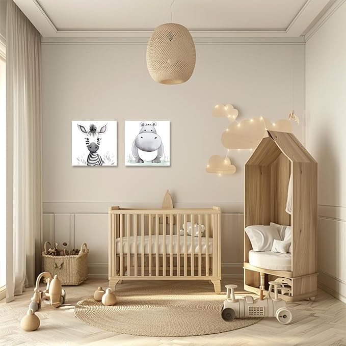 Baby Animal Framed Canvas Wall Art Set of 2 - Cute Baby Zebra Hippo Paintings Pictures Nursery Decor Wild Animals Posters Prints for Living Room Kids Room Decor(Artwork-01, 12"x12"x2P)