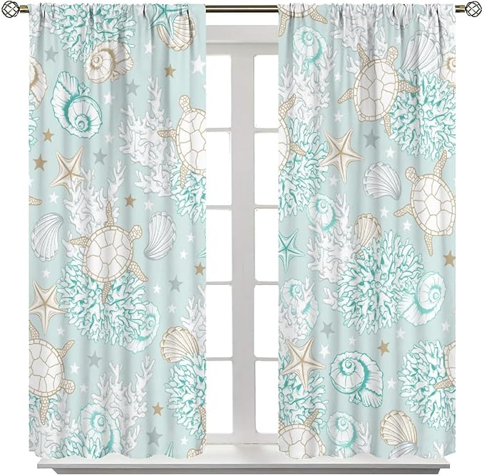 Nautical Curtains,Seagorses Coral Starfish Reef Seashell Beach Sea Seashell Pattern Blackout Print Home Bedroom Living Room Window Treatmen 2 Panel Set 63x72 Inch
