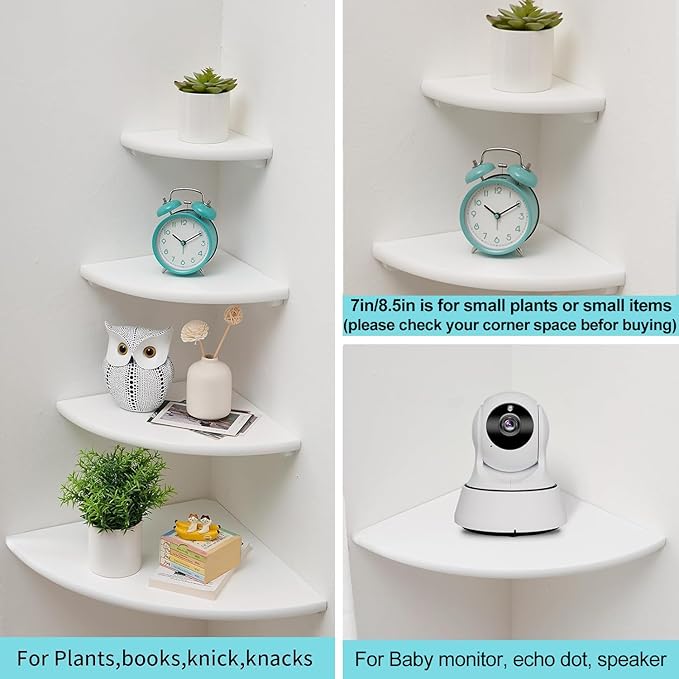 Corner Shelf, White Floating Corner Shelf, Set of 2 10inch Solid Oak Wood Wall Shelves, Round End Wall Mount with Wire Hole for Small Plant for Bedroom Kitchen, Living Room
