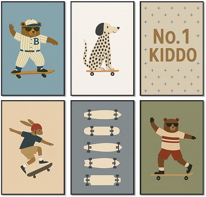 Skateboard Canvas Wall Art, Nursery Animal Sports Posters, Fashion Sunglasses Bear Athletes Pictures, No.1 Kiddo Inspirational Quote Print, Funny Skateboard Rabbit Dog Painting 16x24in Framed