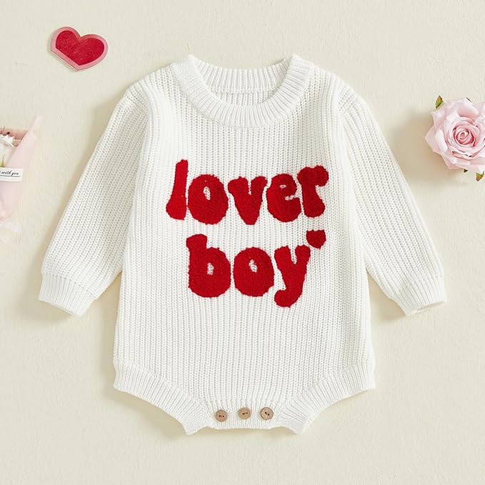 Lesimsam Newborn Baby Boy Girl Valentines Day Outfit Oversized Embroidery Long Sleeve Knit Sweater Bubble Romper Bodysuit