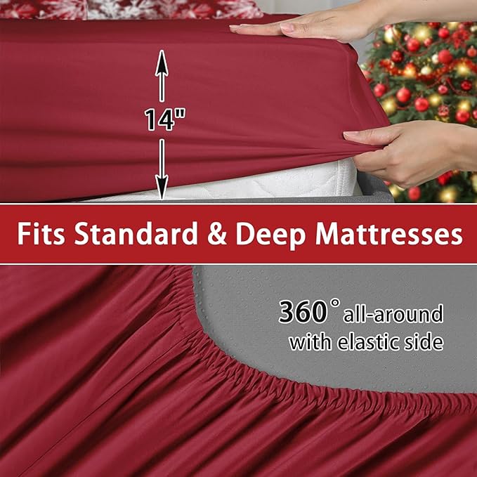 7 Pcs Full Size Christmas Comforter Set with 2 Pillowcases & 2 Shams, Red Glitter Xmas Tree Bedding for Kids and Adults, White Elegant Snowflake Bed in a Bag with Flat Fitted Sheet