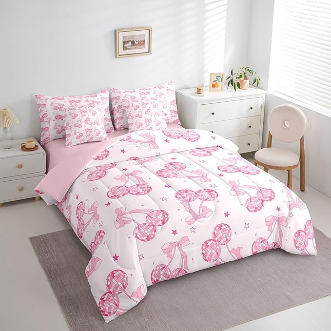 7 Pieces Bowknot Princess Kids Comforter Set Full,Disco Crystal Ball Western Cowgirl Bedding Set,Starry Sky Bow Tie Romantic Pink Girly（Comforter+Fitted+Flat Sheet+2 Pillowcases+2 Throw Pillow Covers）
