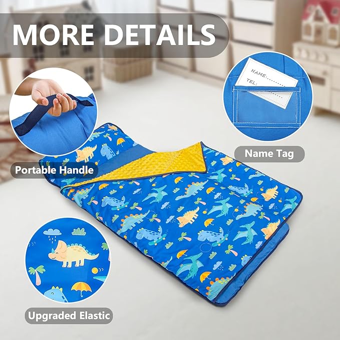 Primlect Toddler Nap Mat with Removable Pillow and Fleece Blanket, Extra Large 55''x35'' Sleeping Bag, Washable, Light, Easy to Roll up, Perfect for Daycare, Preschool, Kindergarten, Travel