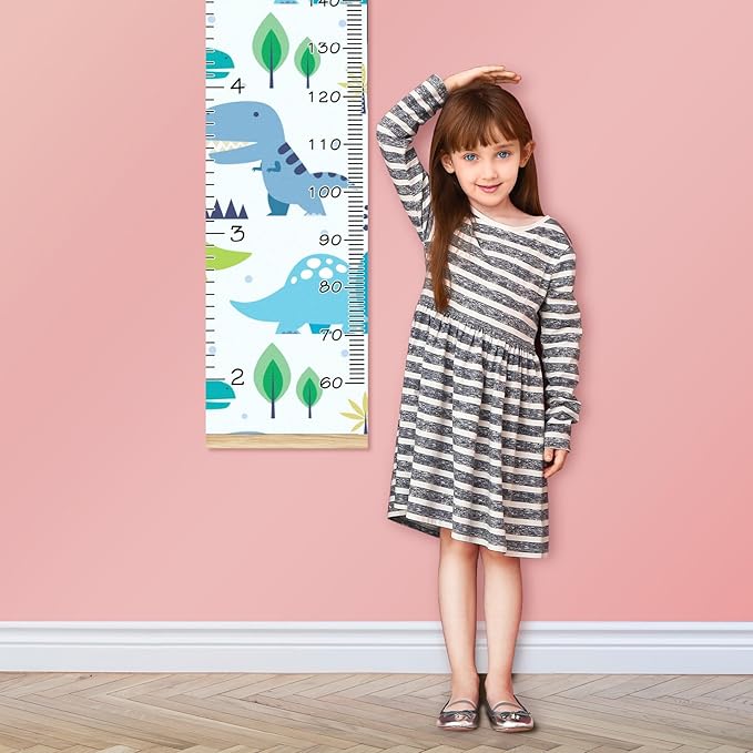 Personalized Kids Name Growth Chart Ruler for Wall Wood Frame Height Measure Chart 13.4x56 in Linen Hanging Height Growth Chart Cute Dinosaur Kids Room Decor
