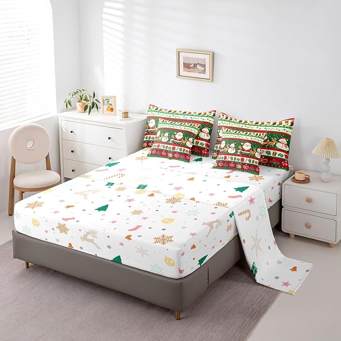 Feelyou Christmas Santa Claus Comforter Set with Sheets Cartoon Stockings Deer Bedding Set for Kids Boys Girls Teens Decor Christmas Snowflake Bed in a Bag Kawaii Bed Set 7Pcs King Size