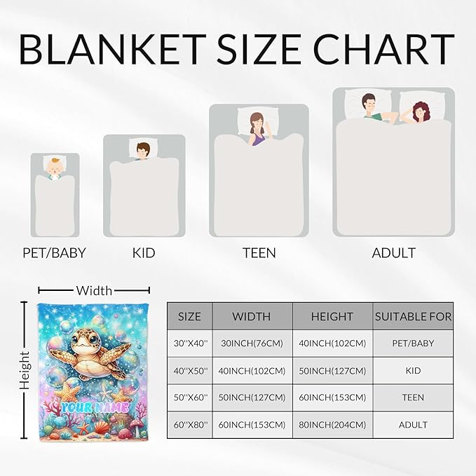 Custom Sea Turtle Blanket for Girls - 30 x 40 Inches Lap Size Animals Blankets for Kids - Blue Turtle Throw Gifts Stuff for Crib, Office