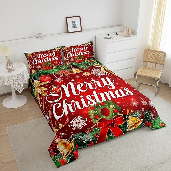 Christmas Wreath Comforter Set Queen Size,Red Bowkont Gold Bell Bedding Set for Kids Boys Girls Room Decor,Snowflake Merry Christmas Duvet Insert 3Pcs,Green Leaves Xmas Theme Quilt Set,2 Pillowcases