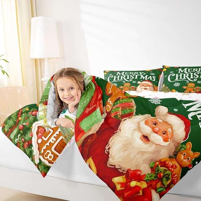 Feelyou Green Christmas Comforter Set All Season Santa Claus Bedding Set with 2 Pillow Cases Gingerbread Microfiber Kids King Bedclothes Bedroom Decor Duvet Quilt Breathable Soft