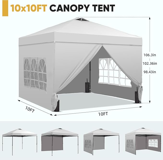 GDY 10x10 Pop Up Canopy Tent with 4 Sidewalls, Easy Set up with One Push Lift Outdoor Silver Coated Beach Gazebos, Carpas with 4 Sandbags, for Pool, Events, Parties, and Camping, White.