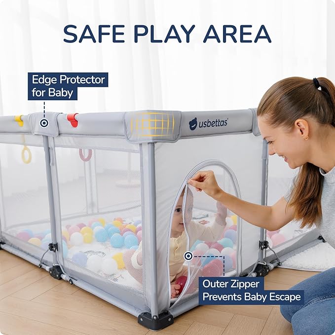 Foldable Baby Playpen,Portable Playpen for Babies and Toddler, 59 * 71 Inch Kids Travel Play Pen with 4 Handlers,Carry Bag,Large Lighgtweight Baby Play Yard for Indoor&Outdoor,Light Gray