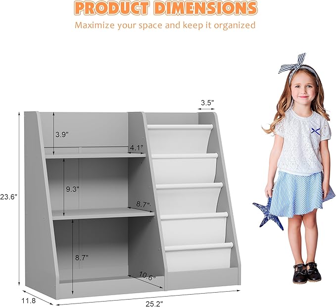 NACHES 3 Tier Kid Bookshelf Wooden 4 Sling Children Bookcase Toddler Montessori Bookcase Book Rack Display Toy Storage Organizer Book Display Shelf Stand Classroom Bedroom Nursery Playroom (Grey)